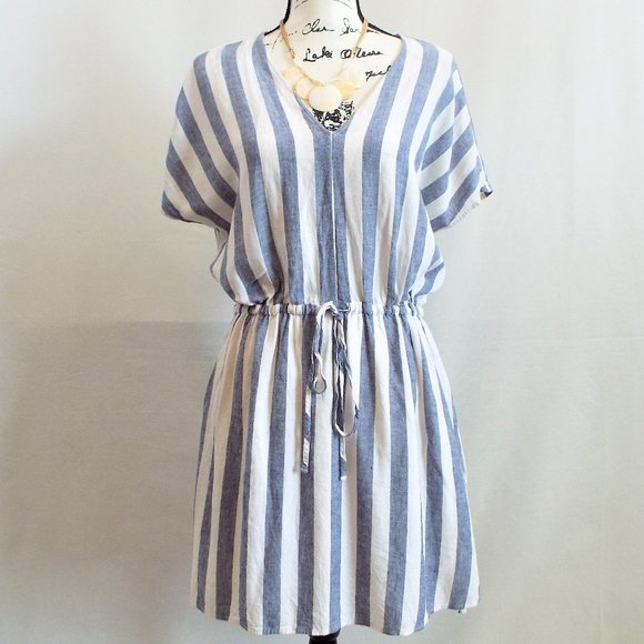Rails Wren Seattle Linen Blend Blue & White V-Neck Striped Dress Sz Large - Picture 6 of 15